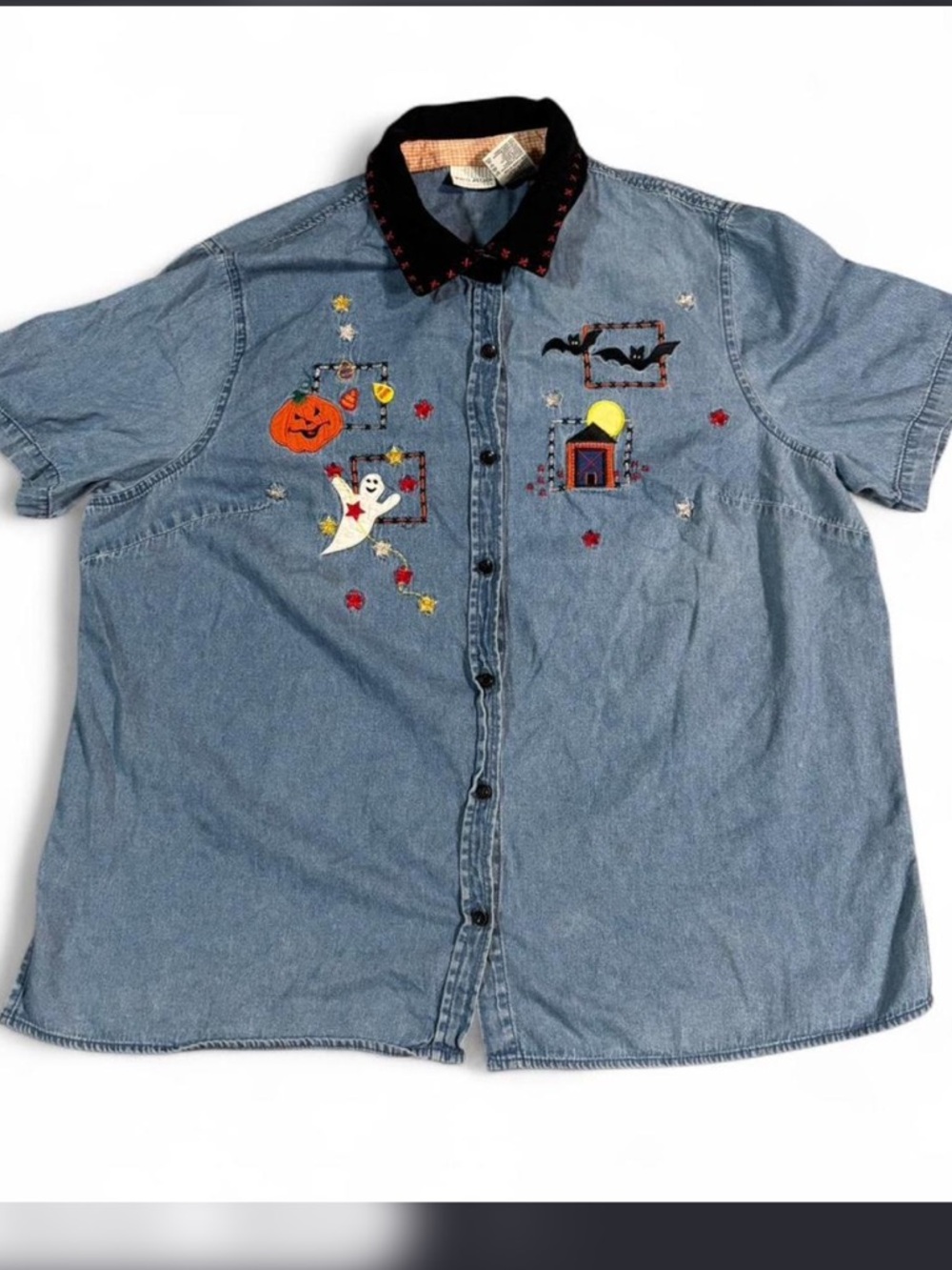Vintage White Stag blue denim button up shirt with Halloween embroidery.